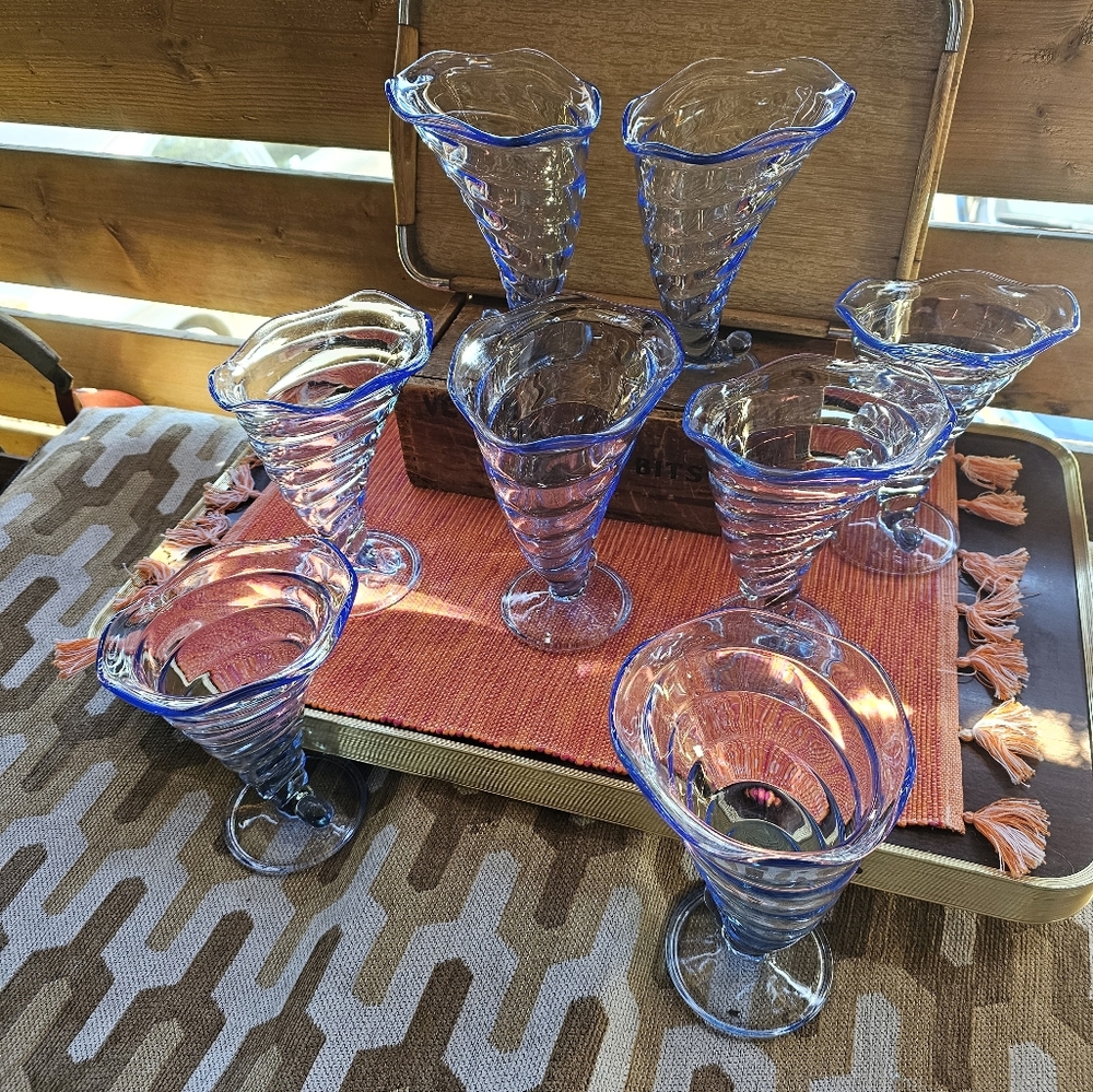 Vintage Bormioli Rocco Fortuna Blue Twist Ice Cream Sundae Glasses